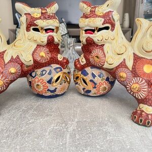 JAPANESE  KUTANI YAHATA SHISHI  FOO DOG TEMPLE LION - 10” Tall - Sold The pair